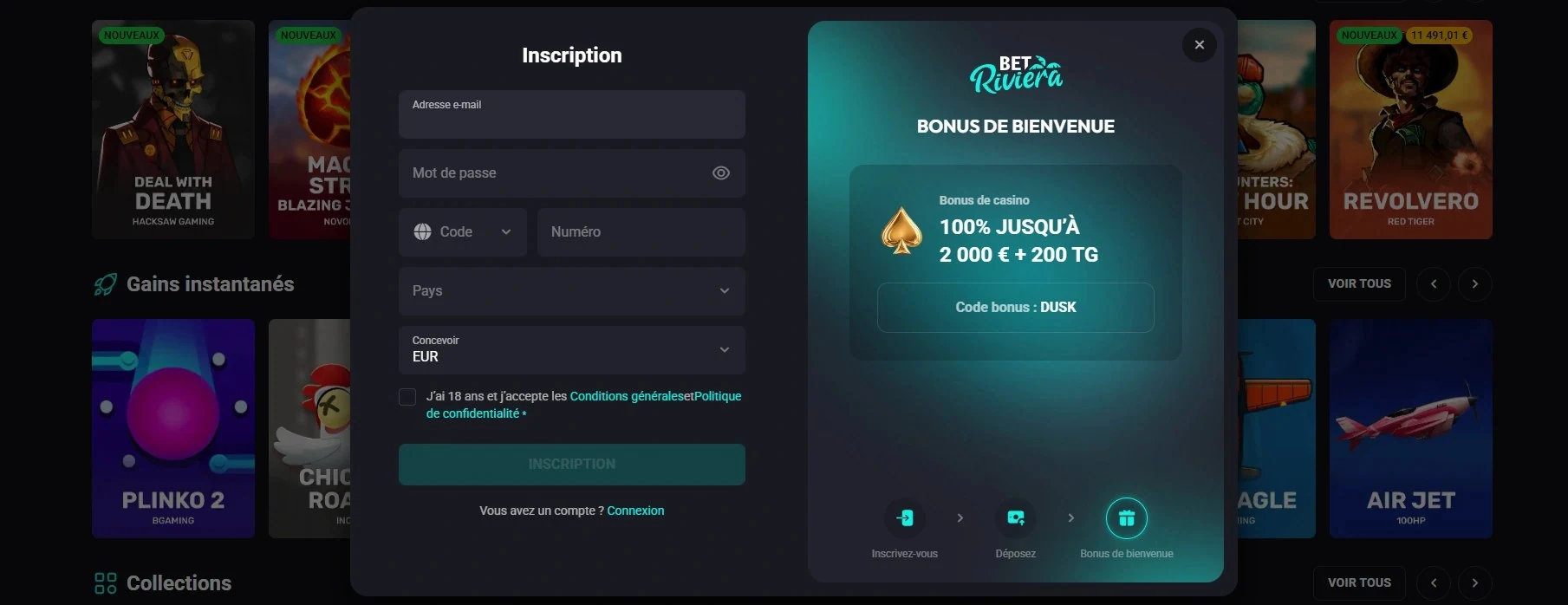 Formulaire d'inscription BetRiviera et bonus de bienvenue